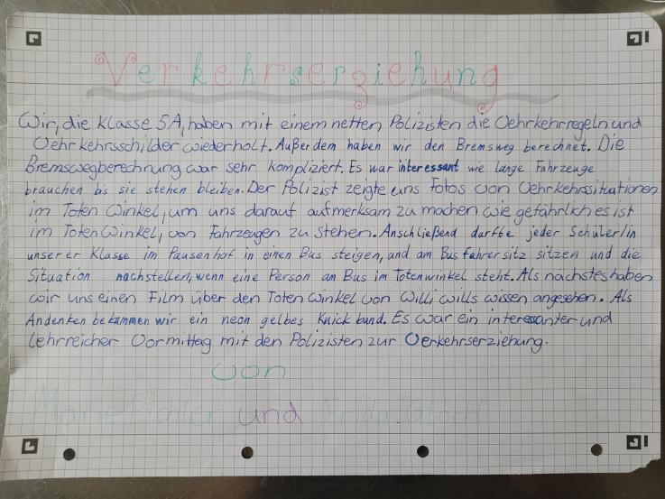 Schülerbericht zur Verkehrserziehung